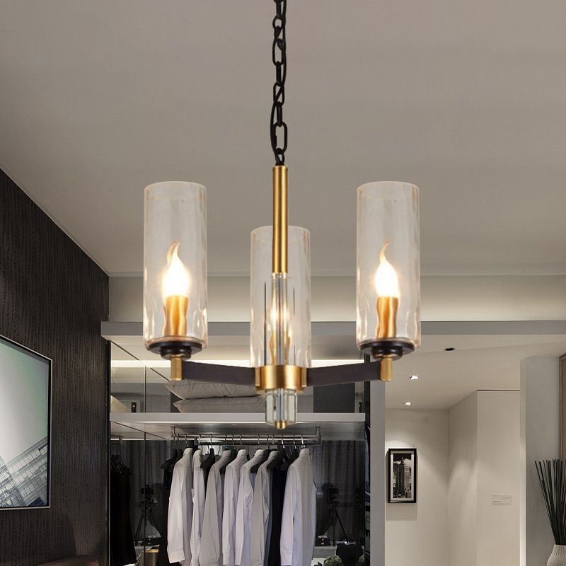 Vintage Cylinder Chandelier Lighting Fixture 3/5/6 Bulbs Clear Water Glass Pendant Lamp in Black and Gold