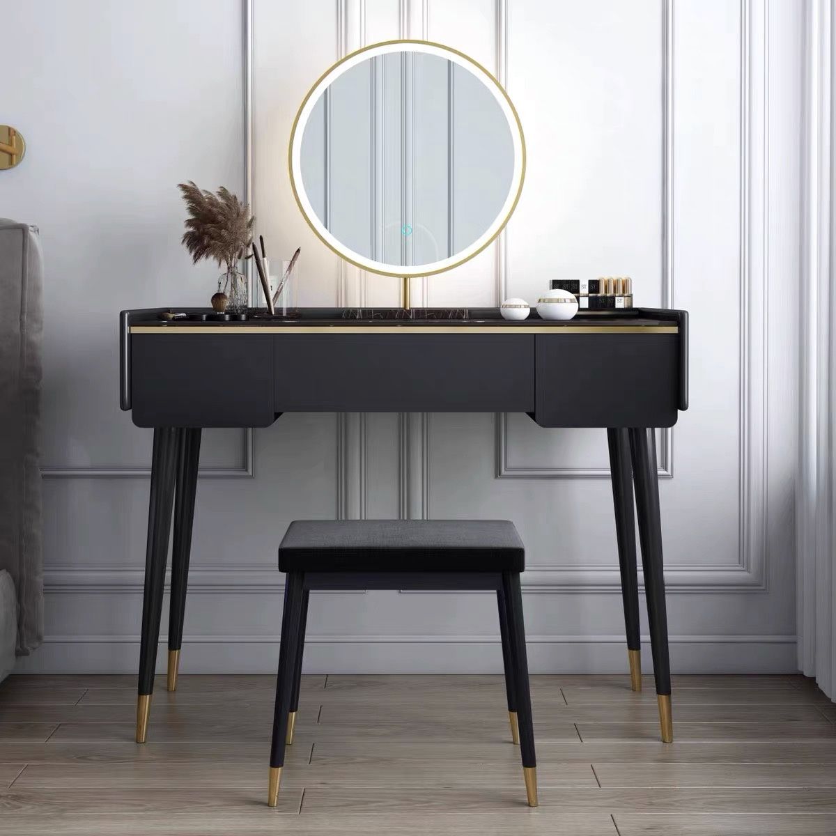 Glam Wooden Frame Dressing Table Slate Top Vanity with Drawers