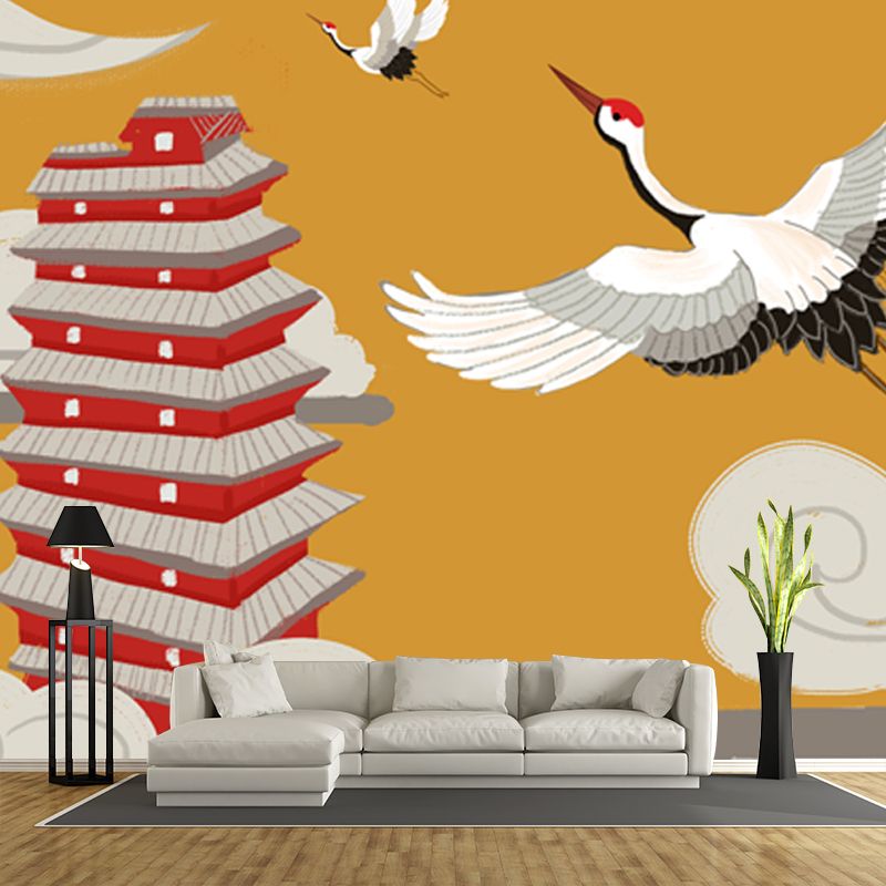 Halcyon and Temple Mural Wallpaper Chinese Smooth Wall Covering in White on Yellow