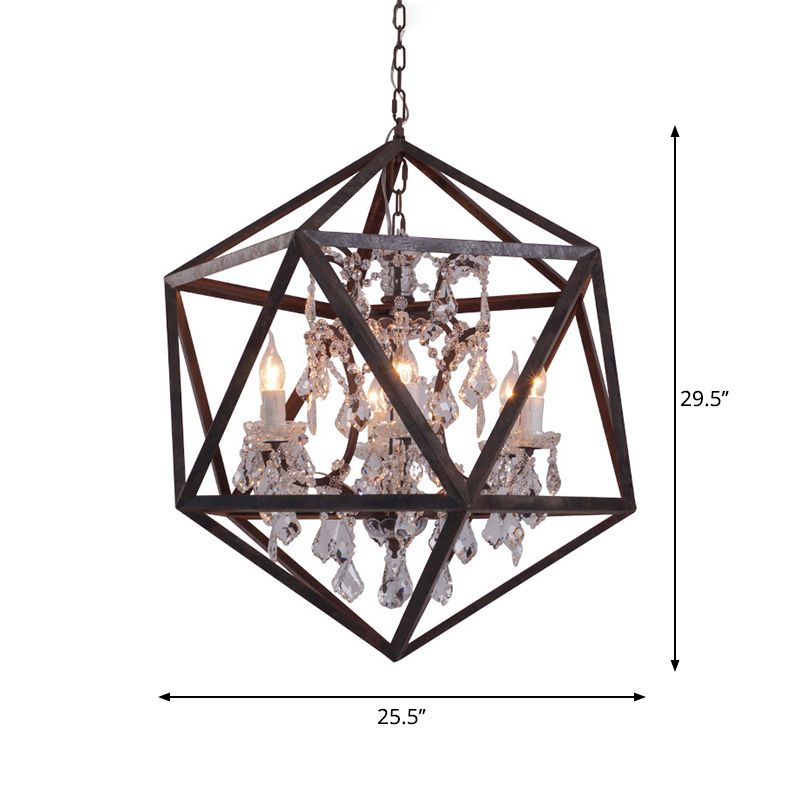 6 Bulbs Geometric Chandelier Light Traditional Rust Metal Hanging Ceiling Fixture with Clear Crystal Drop