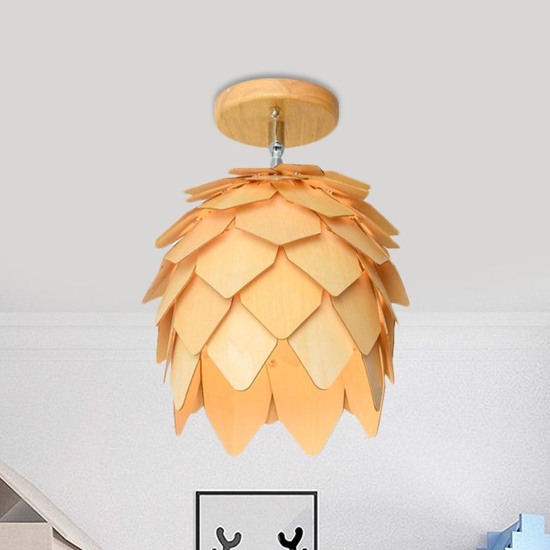 Wooden Square / Trumpet / Pineapple Semi-Flush Ceiling Fixture Contemporary 1 Light Indoor Ceiling Mounted Light