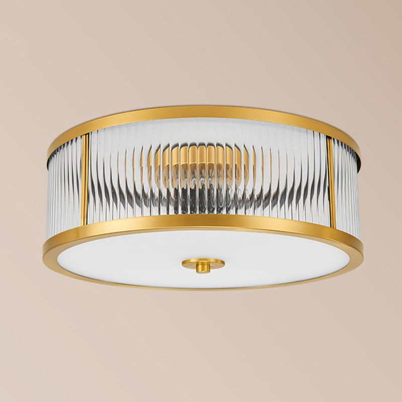 Brass Drum Flush Mount Light Traditional Style Glass Ceiling Light for Bedroom Living Room