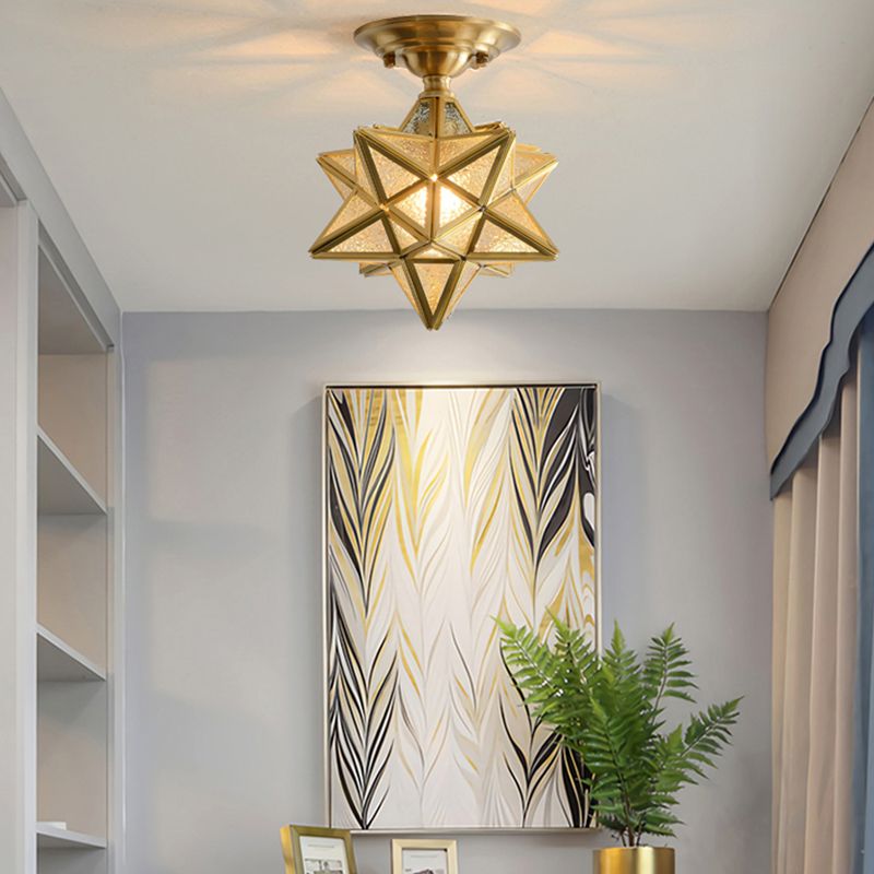 Star Glass Semi-Flush Ceiling Light Vintage Aisle Ceiling Flush Mount in Brass