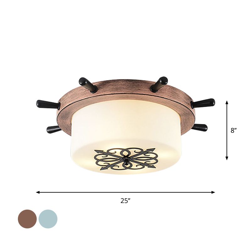 Drum Parlor Flush Mount Light White Glass LED Creative Ceiling Fixture with Rudder Design in Brown/Blue