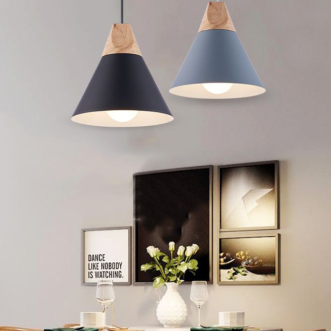 Metal Tapered Hanging Light Nordic Style 1 Light Wooden Top Ceiling Pendant Lamp for Living Room