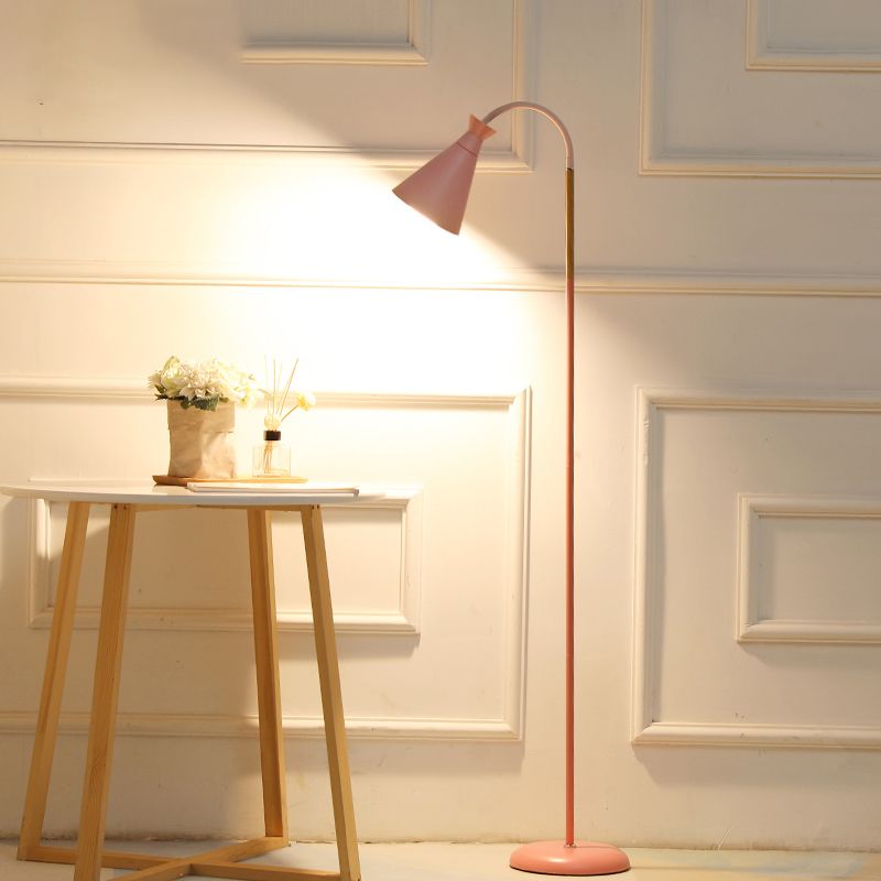 Gooseneck Floor Standing Lamp Macaron Metal Bedroom Floor Light with Cone Shade