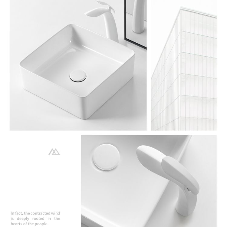 Modern Vessel Bathroom Sink Square Porcelain with Pop-Up Drain Wash Stand