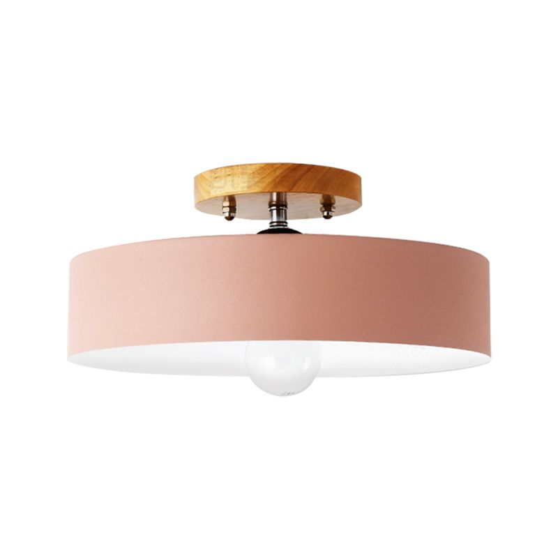 Drum Semi Mount Lighting Modernist Metal 1 Light 12" W Gray/White/Red/Pink Ceiling Mounted Fixture for Living Room