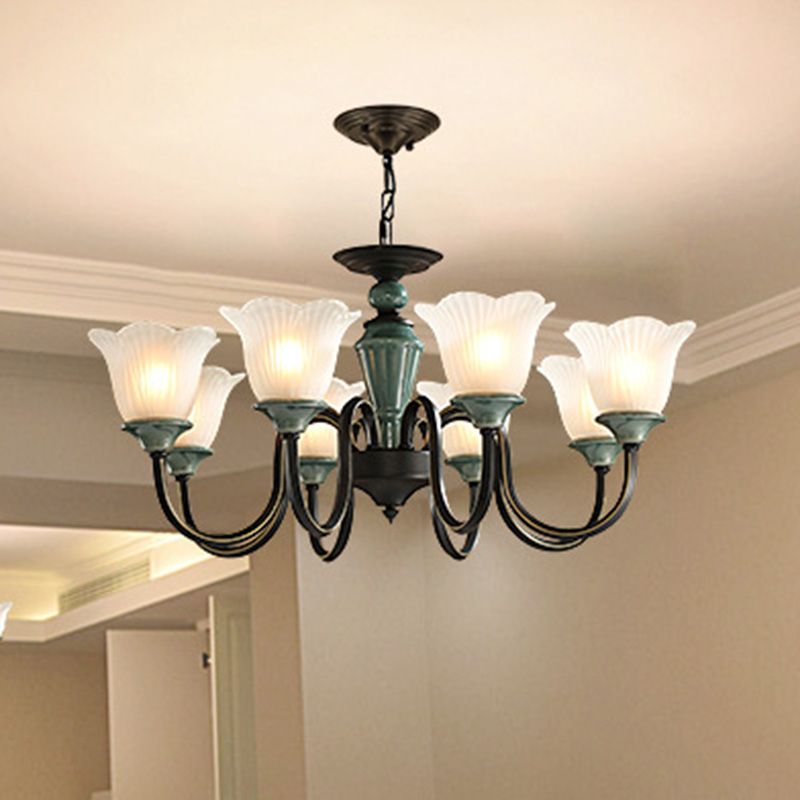 Blackish Green Floral Suspension Light Rustic Frosted Glass Living Room Chandelier Light with Curved Arm