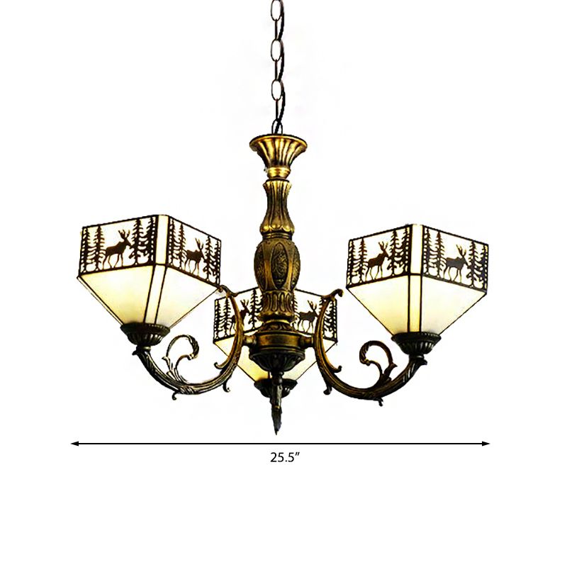 3 Lights Small House Suspended Light Retro Style Stained Glass Inverted Chandelier with Deer and Tree Pattern in White