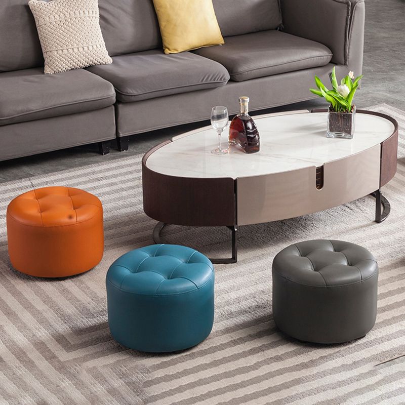 Modern Pouf Ottoman Faux Leather Upholstered Tufted Solid Color Cylinder Shape Ottoman