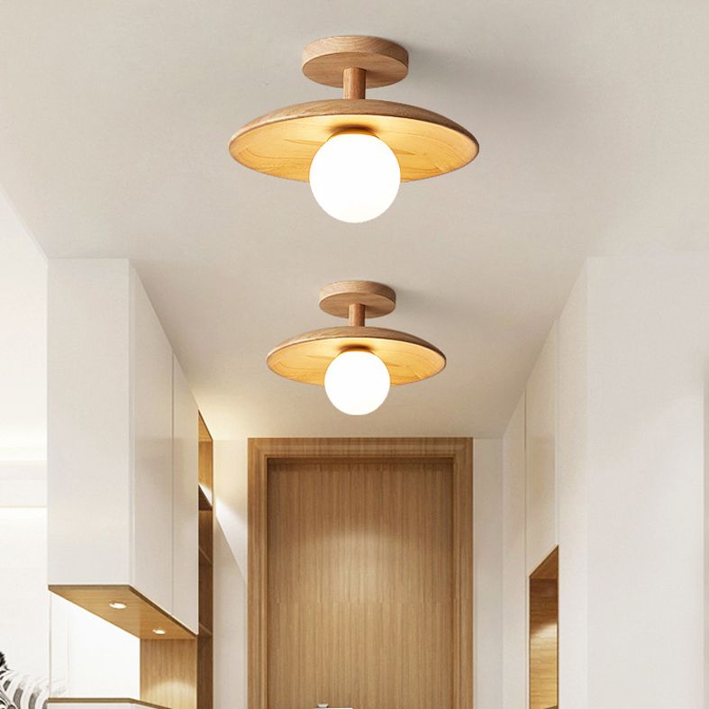 Log Color Globe Semi Flush Mount in Modern Simplicity Wooden Indoor Ceiling Light with Glass Shade
