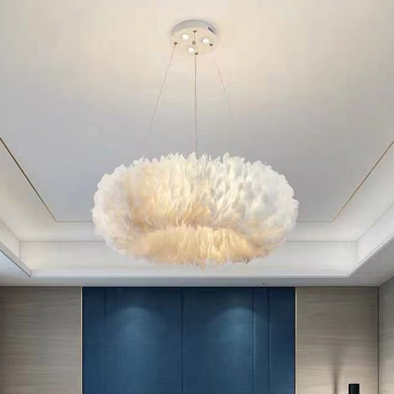 Feather Circle Chandelier Light Fixture Nordic Pendant Lighting Fixture in White
