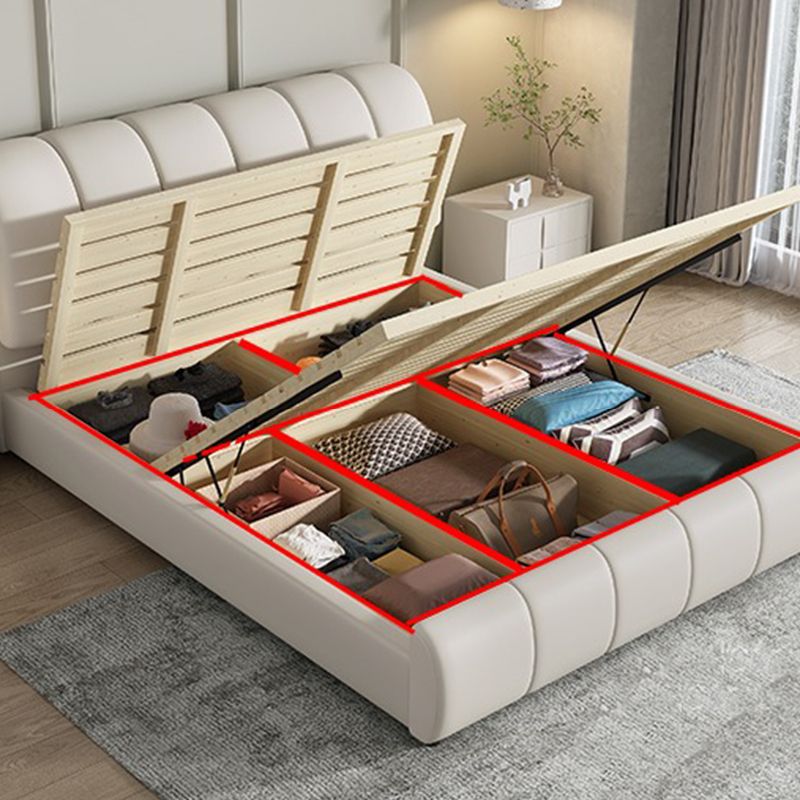 Faux Leather White Panel Bed Modern Standard Bed with Upholstered Headboard