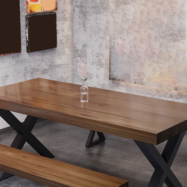 Industrial Style Dining Table Solid Wood Rectangle Table with Metal Base
