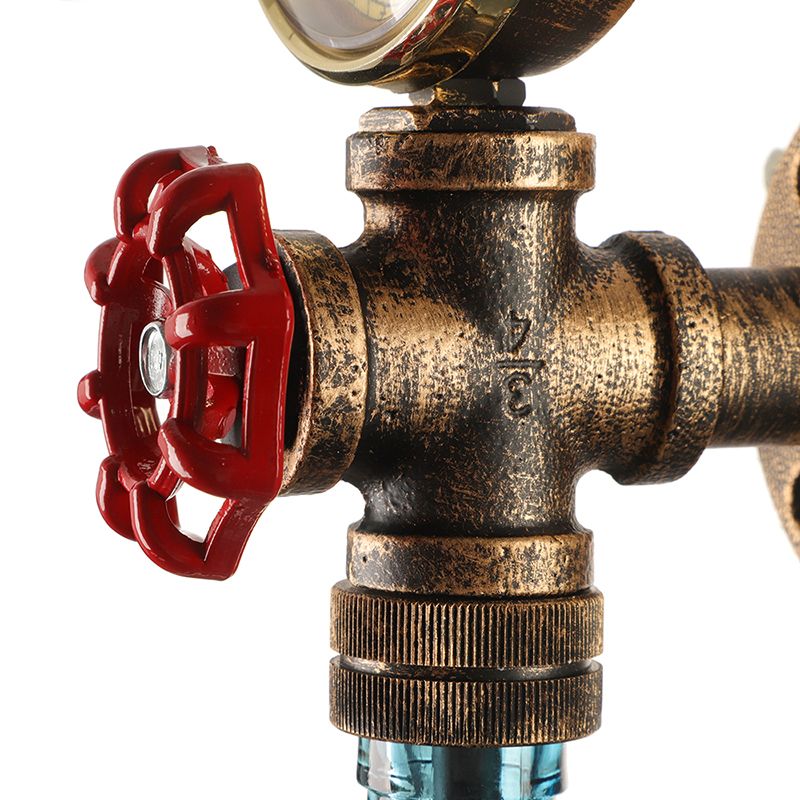 Brown/Blue Bottle Wall Sconce Lamp Vintage Stylish Glass 1 Bulb Living Room Wall Lighting with Gauge and Valve