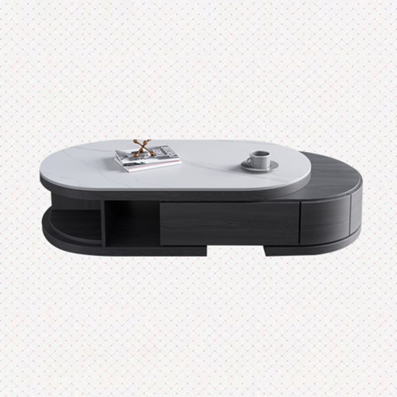Slate and Wood Coffee Table Oval Single Coffee Table with Storage Drawers