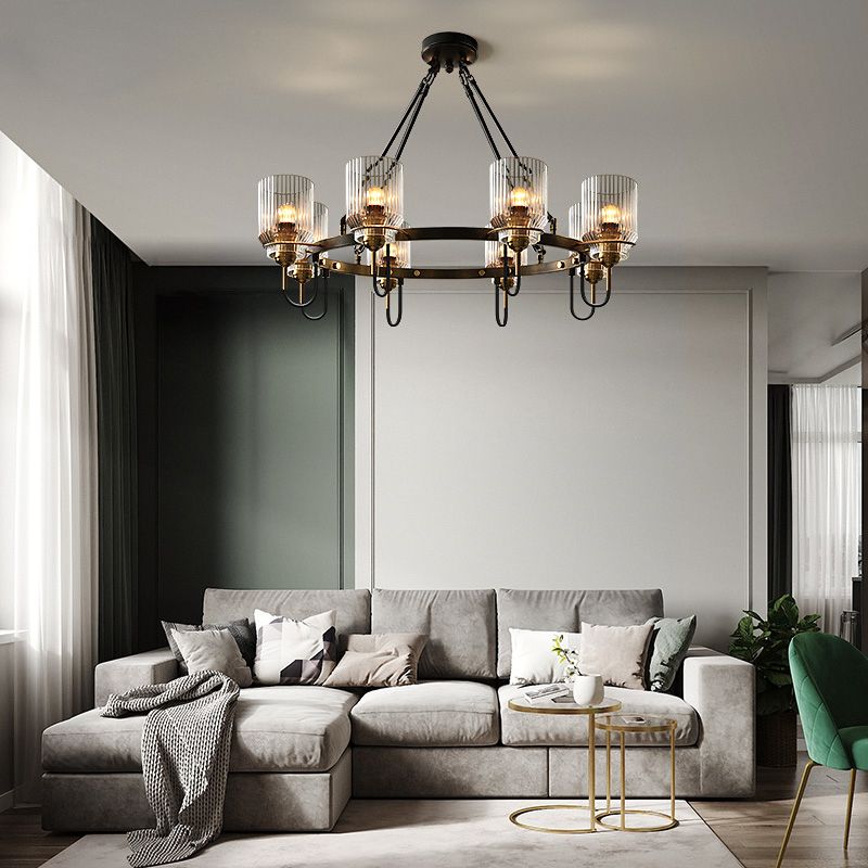 Lámpara de suspensión de comedor vintage de vidrio acanalado cilíndrico en negro