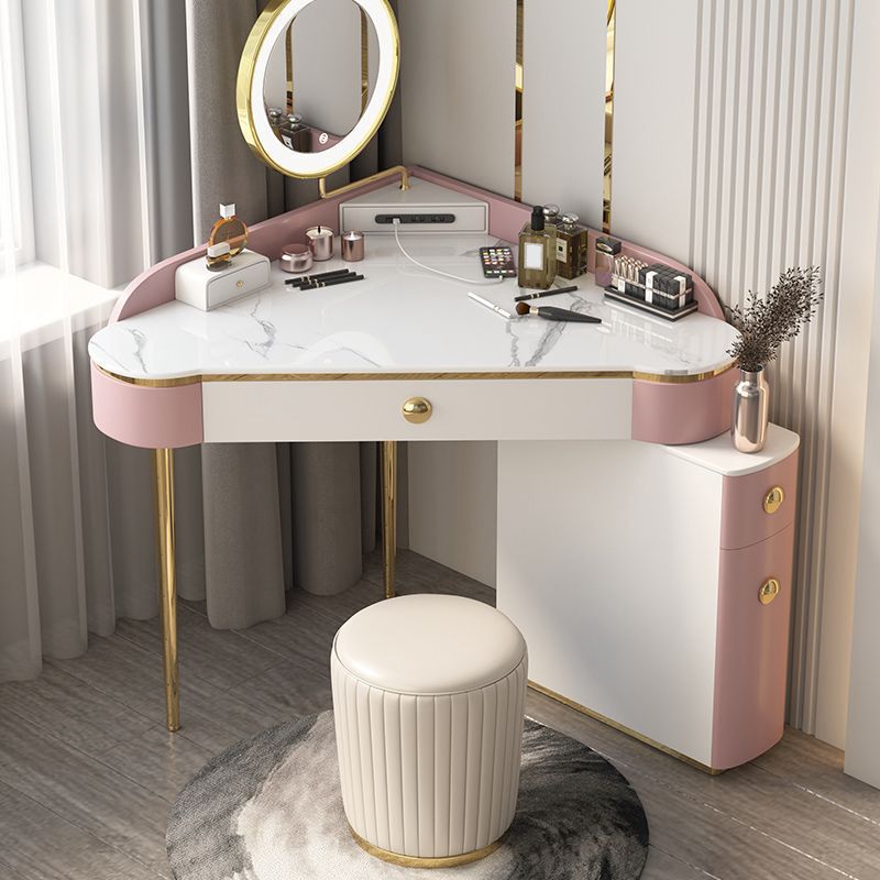 Glam Style Rock Slab Vanity with 3 Drawers White/pink Metal Base