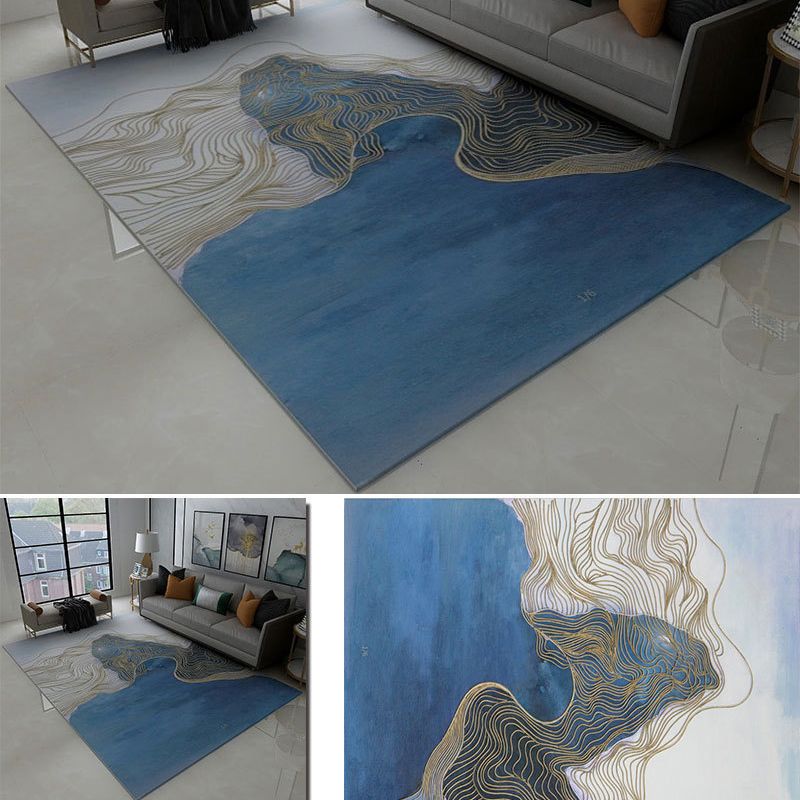 Funky Ink Painting Area Rug Luxury Gold Lines Rug Polyester Anti-Slip Backing Carpet for Home Decor