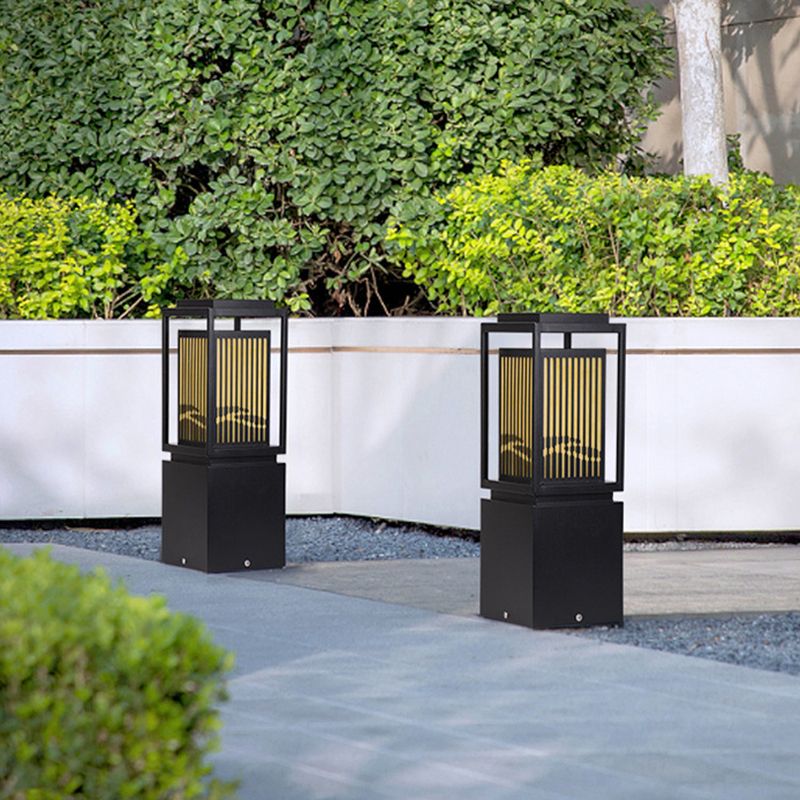 Modern Metal Solar Pillar Lamp Rectangle Shape Outdoor Waterproof Light in Black