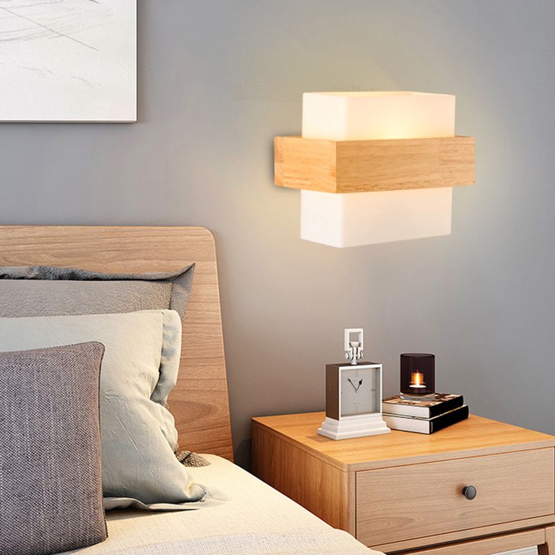 Modern Wood Wall Sconce Rectangle Shape Wall Light with Glass Shade for Living Room