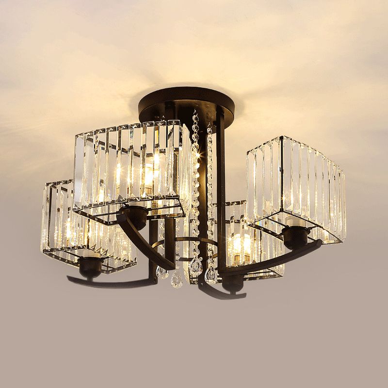 Simple Style 5 Heads Ceiling Lighting Black Cuboid Semi Flush Chandelier with Clear Crystal Shade