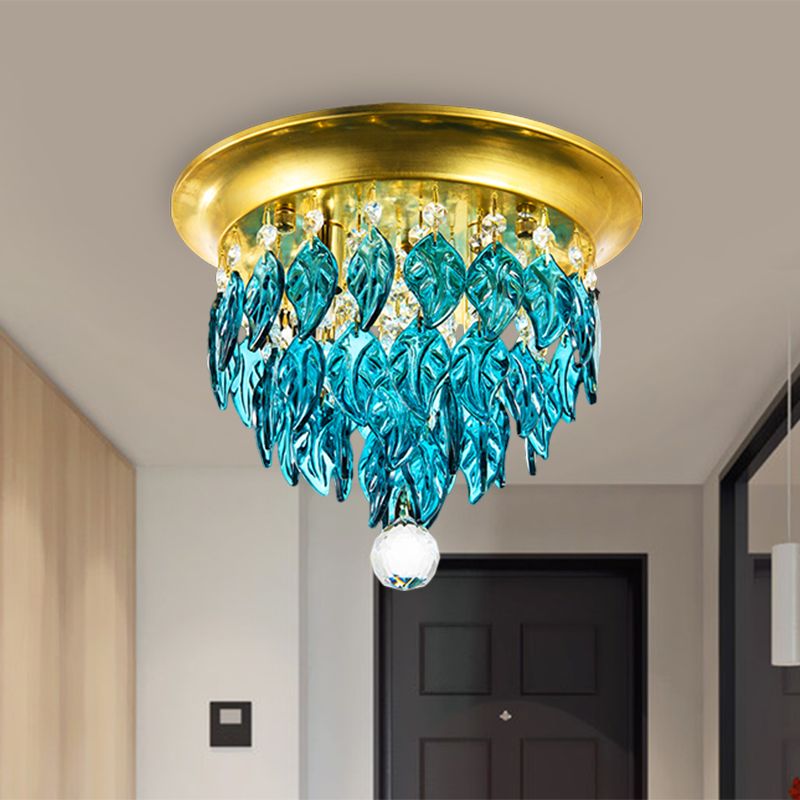 Leave Flush Mount Lamp Modern Style Clear/Clear and Blue/Lake Blue Crystal 4 Bulbs Sleeping Room Ceiling Light in Gold