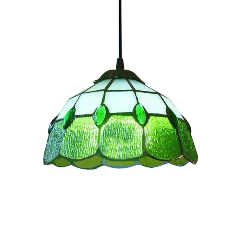 Stained Glass Beaded Drop Lamp Tiffany-Style 1 Head Pink/Green Pendant Lighting Fixture for Hall