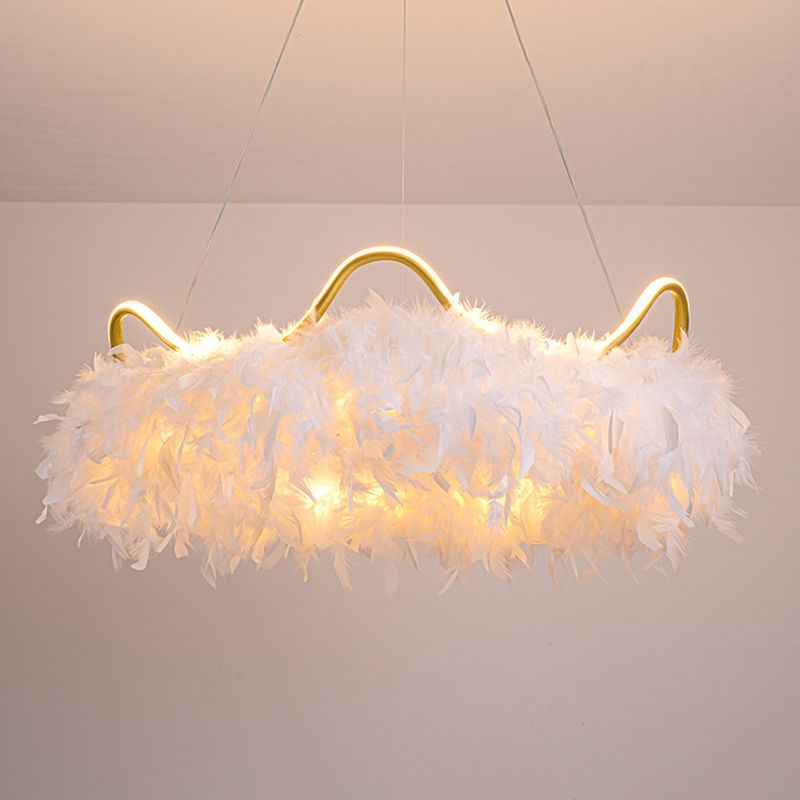 Crown Shaped LED Chandelier Minimalist Feather White Hanging Light for Kids Bedroom