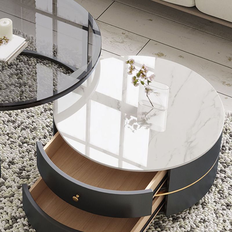 Frame Coffee Table Contemporary Stone/Glass Cocktail Table with Storage Drawers