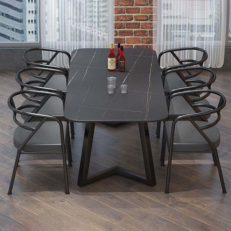 Industrial Style Sintered Stone Dining Table Black Rectangle Table with Sled Base for Dinning Room