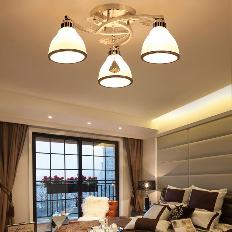 Chrome Shaded Ceiling Flush Light Minimalist Opal Glass Semi Flush Mount Fixture with Diamond Crystal