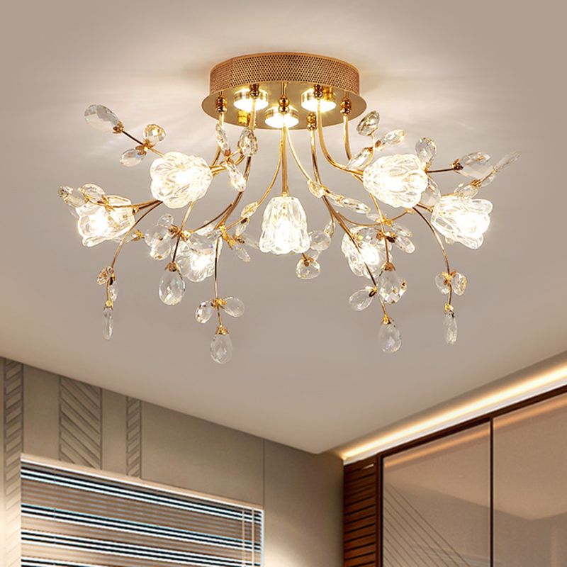 Blüte großer Raum halb Flush Mount Facetted Crystal 7 Köpfe Moderne in der Nähe der Deckenbeleuchtung in Gold