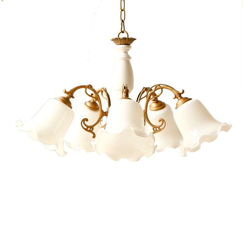 5 Lights Chandelier Light with Scalloped Metal Shade Traditional Dining Room Ceiling Lamp in White/Wood