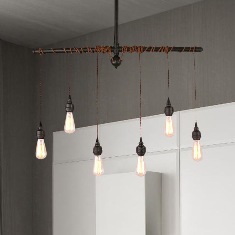 Black Finish Tubing Pendant Lamp with Hanging Bulb Vintage Metallic 6-Light Indoor Ceiling Light Fixture