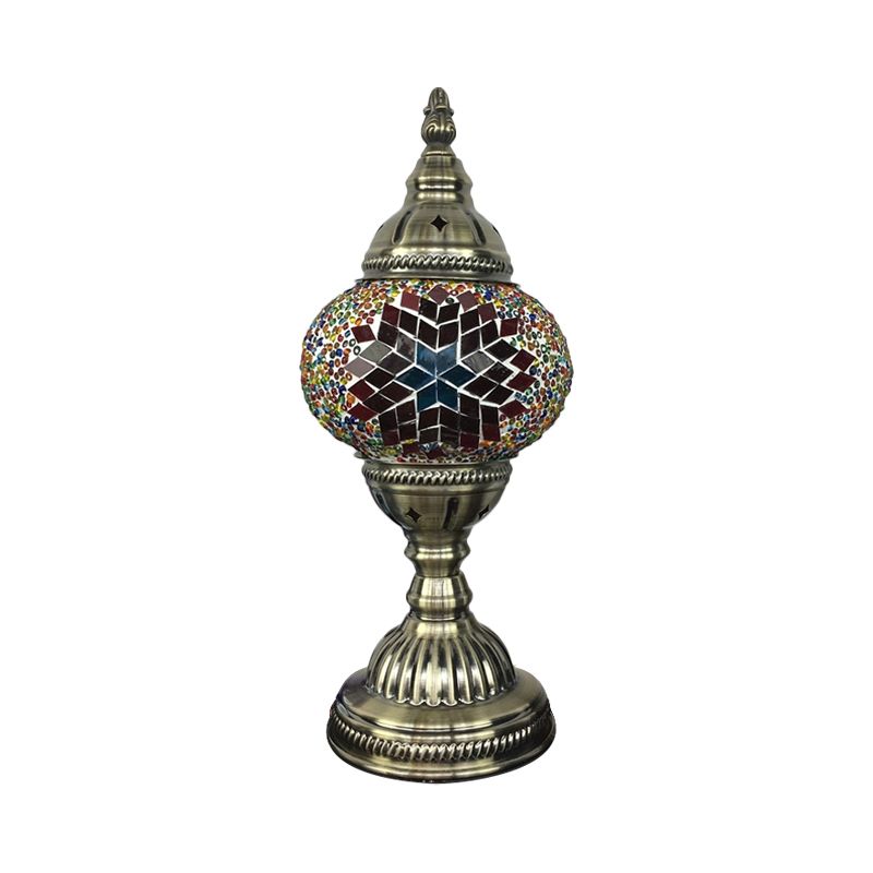 Single Night Stand Light Turkish Bedroom Table Lamp with Spherical Yellow/Red/Blue Glass Shade in Bronze