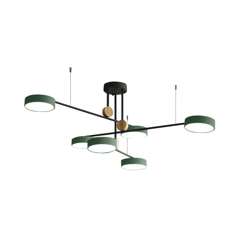 Branche lustre luminaire nordique métal 6 têtes lampe suspendue gris / verte avec décoration en bois, lumière chaude / blanche