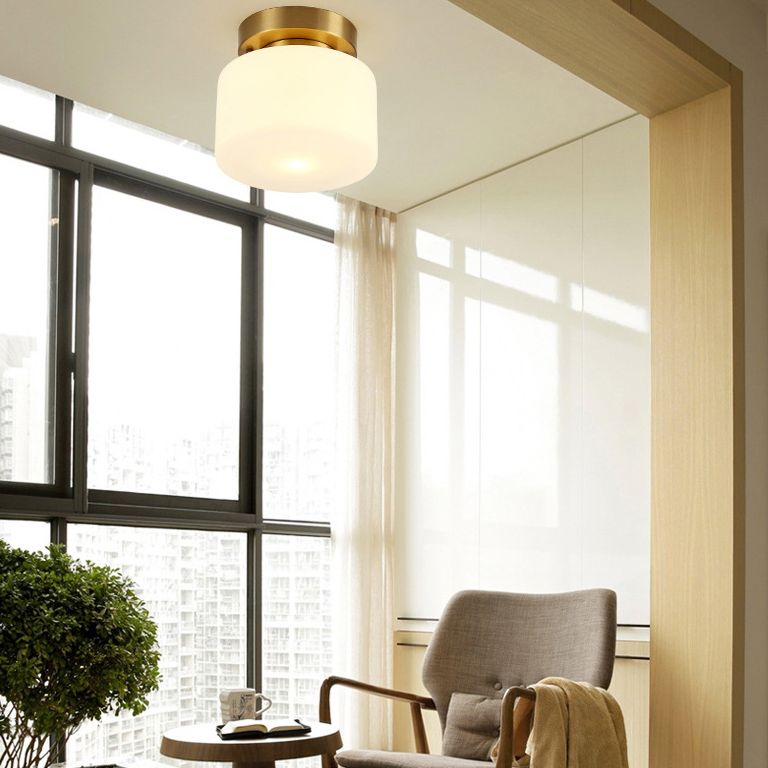 Lámpara de techo cilíndrica de cristal de estilo tradicional, placa de techo de latón, accesorio de iluminación mini para dormitorio de 1 luz