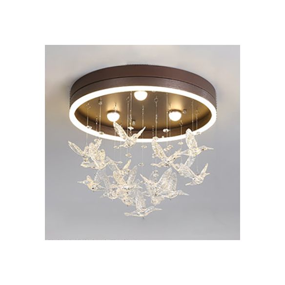 Round Flush Light with Clear Crystal Bird Modern LED Flush Mount Light for Bedroom