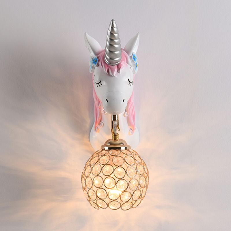 Cartoon Unicorn Wall Mount Light Resin Bedside Wall Lighting with Hollowed out Globe Shade