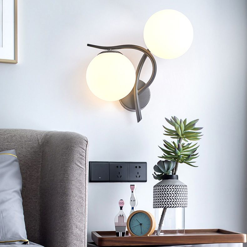 2 Heads Nordic Style Wall Mount Light Metal Arm Glass Shade Sconce Light Fixture for Bedroom