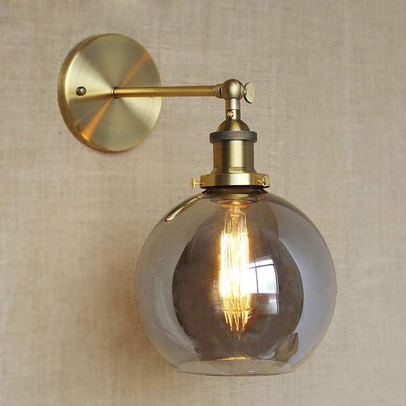 1 Light Bubble Shade Sconce Light Vintage Brass Smoked Glass Wall Lamp for Coffee Shop
