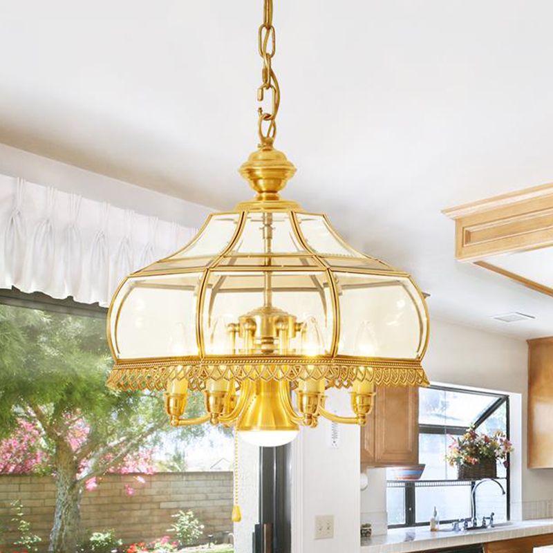 Curved Dining Room Ceiling Chandelier Colonial Clear Glass 7 Heads Gold Hanging Light Fixture