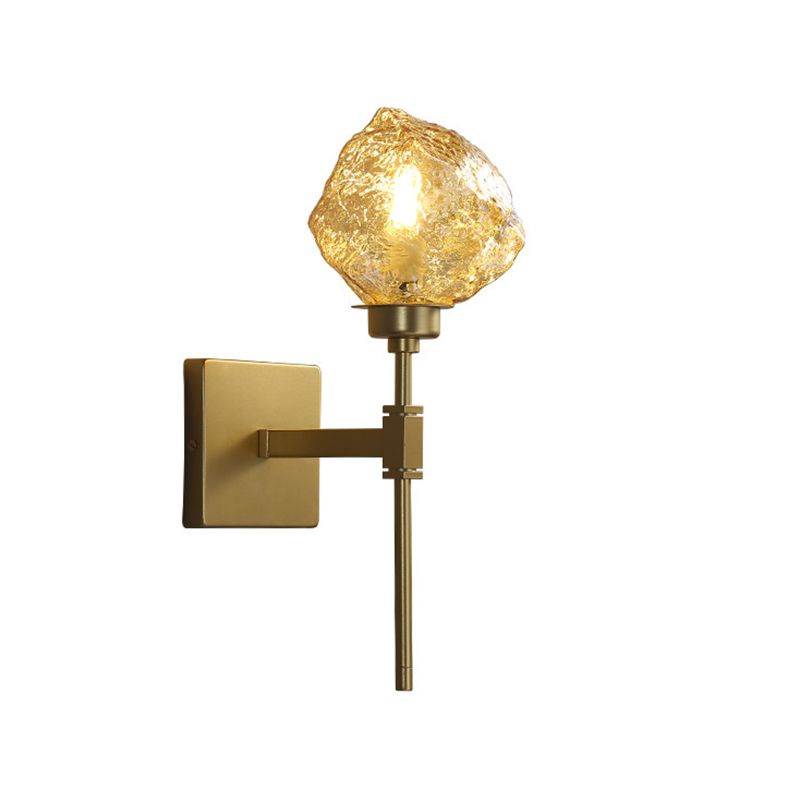 Brass Ice Block Wall Light Sconce Post Modern 1 Head Amber/Smoke Gray Glass Wall Mounted Lamp for Living Room