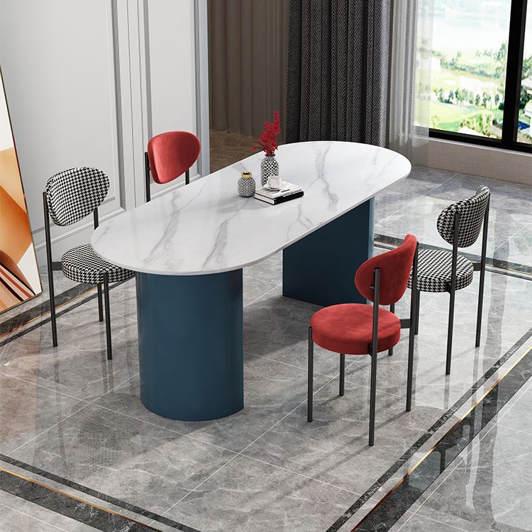 Oval Sintered Stone Dining Table Modern White Dining Table with Double Pedestal Base