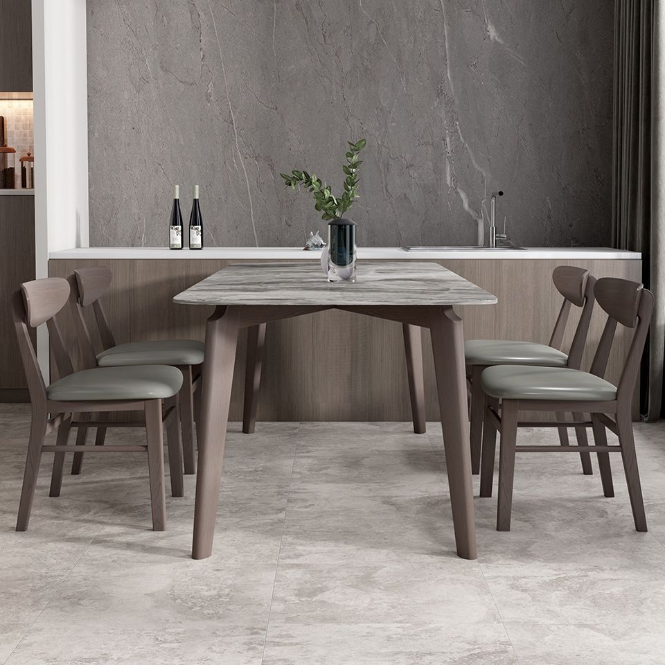 Table à manger en pierre fritrée de style moderne avec table grise et 4 bases de jambes en bois massif pour usage domestique