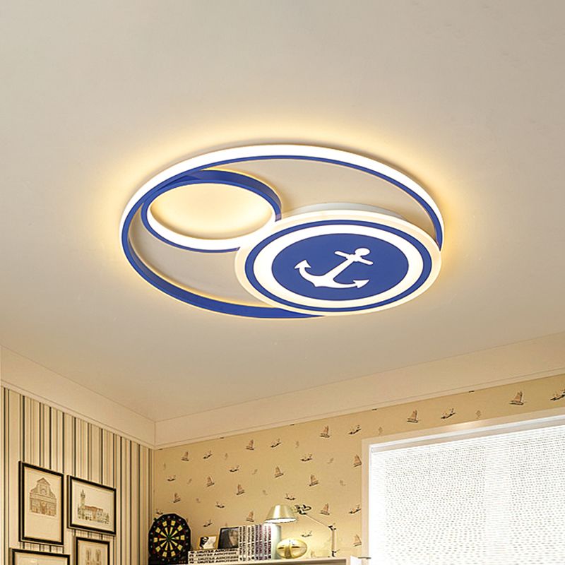 Disk Flush Ceiling Light Mediterranean Acrylic 16"/19.5" W LED Blue Flushmount Lighting in Warm/White Light for Kids Room