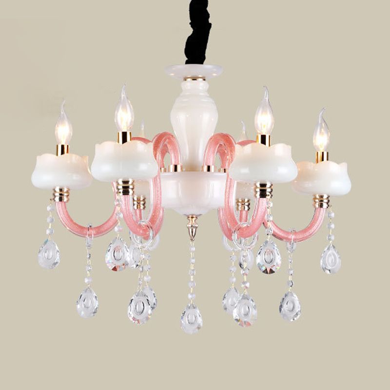 Lámpara colgante de cristal de vela retro de araña colgante de 6 luces en blanco y rosa para dormitorio