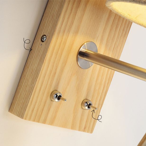 Cylinder Fabric Shade Bedside Reading Wall Light 2-Lights Wooden Simplicity Wall Sconce